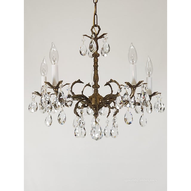 Antique 5 Light 5 Arm Overflowing Opulent Brass Cut Lead Crystal Chandelier For Sale - Image 12 of 12
