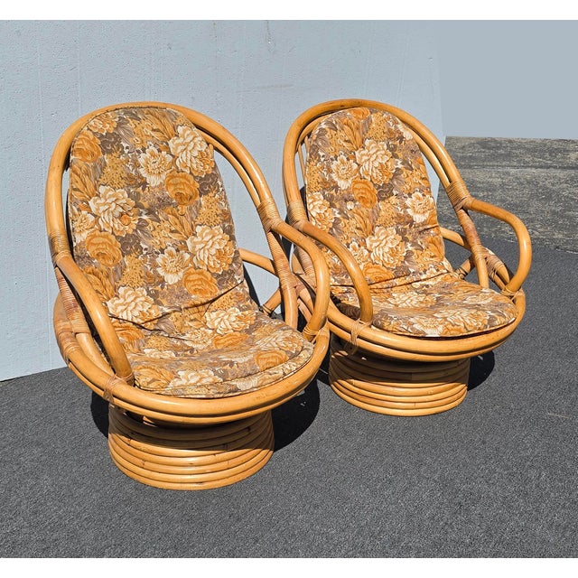 Gorgeous Chairs in Good Vintage Condition. Solid and Firm. The Rattan straps have peeled off in some places. Otherwise...