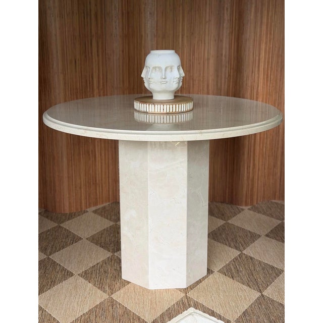Tall Vintage Cream Marble Table. Truly exquisite! Creamy goodness. Slight vintage wear. 36”t x 48”w~