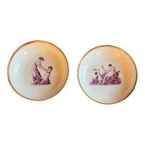 Antique 19th Century English Regency Porcelain Saucer Dishes With Adam Buck Domestic Scene in Puce Purple Circa 1810 - A Pair