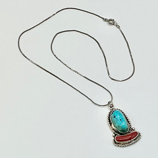 1970s Vintage Southwestern Navajo Boho Chich Turquoise, Coral & Sterling Pendant Necklace For Sale - Image 9 of 13
