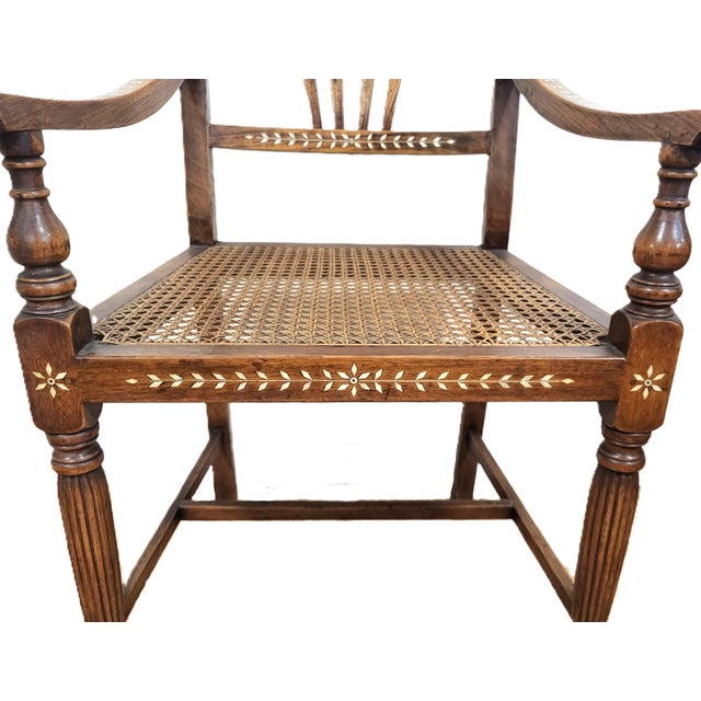 Antique English Anglo - Indian Carved & Inlaid Caned Seat Desk Armchair For Sale - Image 14 of 18