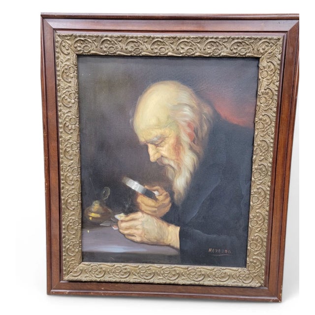 Wood Antique Painting in Style of ”The Collector”, Signed by Navarro For Sale - Image 7 of 8
