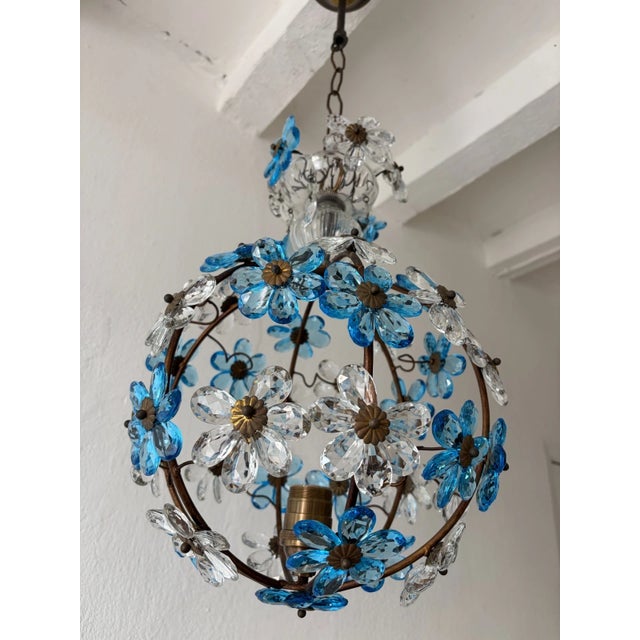 French Blue Flower Ball Crystal Prisms Maison Baguès Style Chandelier, 1920s For Sale - Image 9 of 10