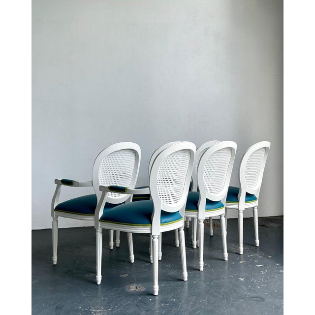 Teal Vintage Medallion Back Cane Dining Chairs - Set of Six For Sale - Image 8 of 10