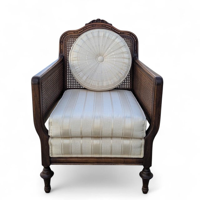 Late 20th Century French Provincial Cane Armchair With Striped Upholstery For Sale - Image 9 of 14