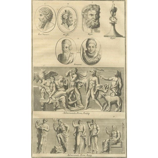 After Bernard de Montfaucon, Roman Sculptures & Portrait Heads, Composite Antiquities Plate, 1721, Engraving For Sale - Image 9 of 18