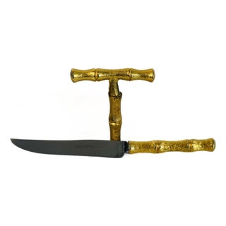Vintage 1960s Marble & Gilt Metal Faux-Bamboo Center Handled Server W/ Matching Knife For Sale