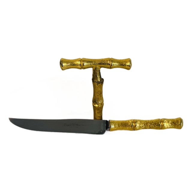 Vintage 1960s Marble & Gilt Metal Faux-Bamboo Center Handled Server W/ Matching Knife For Sale