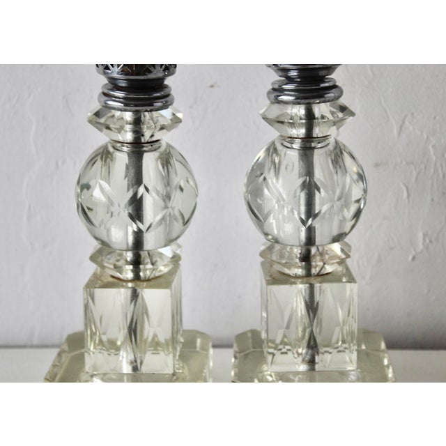 Art Deco Chrome Cut Glass Small Scale Table Lamps Vintage-a Pair For Sale In Miami - Image 6 of 13
