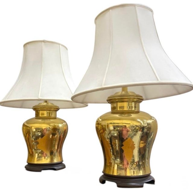 Vintage Pair of Large Ginger Jar Form Brass Lamps With Mahogany Carved Bases For Sale - Image 10 of 12