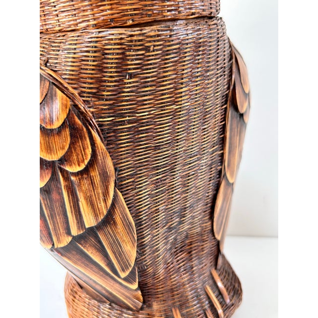 Vintage Wicker Owl Lidded Basket With Carved Wood Feathers For Sale - Image 9 of 11