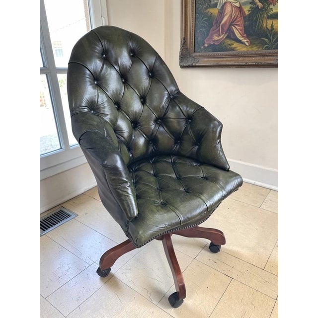 Vintage Chesterfield Style Chair in Green Leather, 1980s For Sale - Image 3 of 18