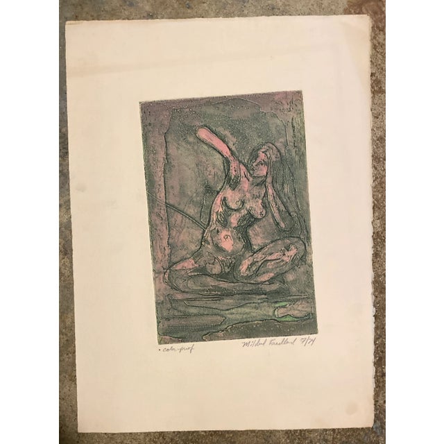 1974 Mildred Margaret Friedland stretching female nude aquatint etching. Pencil signed and noted as color proof.