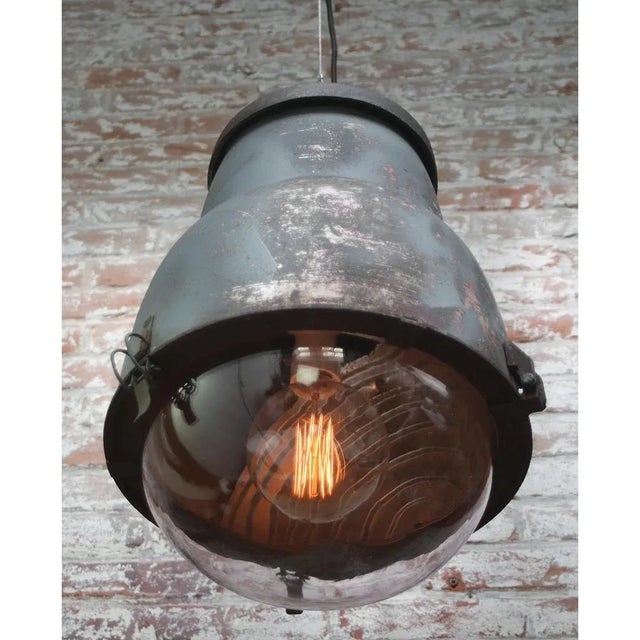 Vintage French Industrial Round Gray Metal Glass Pendant Light from Philips For Sale - Image 6 of 8
