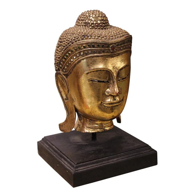 Boho Chic Handcrafted Gold Wood Serene Peaceful Buddha Head On Stand For Sale - Image 3 of 5