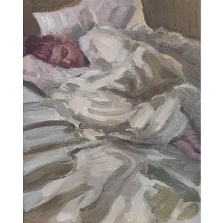 Quiet by Jim Beckner | Oil on canvas Painting of a person sleeping under blankets For Sale