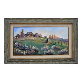 Mid 20th Century Hillside Farmhouse Landscape Oil Painting, Framed For Sale