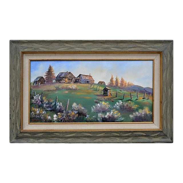 Mid 20th Century Hillside Farmhouse Landscape Oil Painting, Framed For Sale