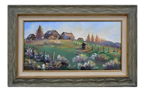 Mid 20th Century Hillside Farmhouse Landscape Oil Painting, Framed