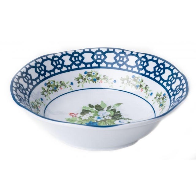 Elevate your dining experience with the Trellis and Topiary Melamine Soup/Cereal Bowls, where classic blue and white...