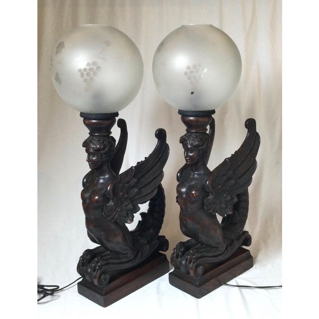 Circa 1880 Pair of Great Hand Carved Wood Winged Caryatids-Griffins Now as Lamps For Sale - Image 10 of 13