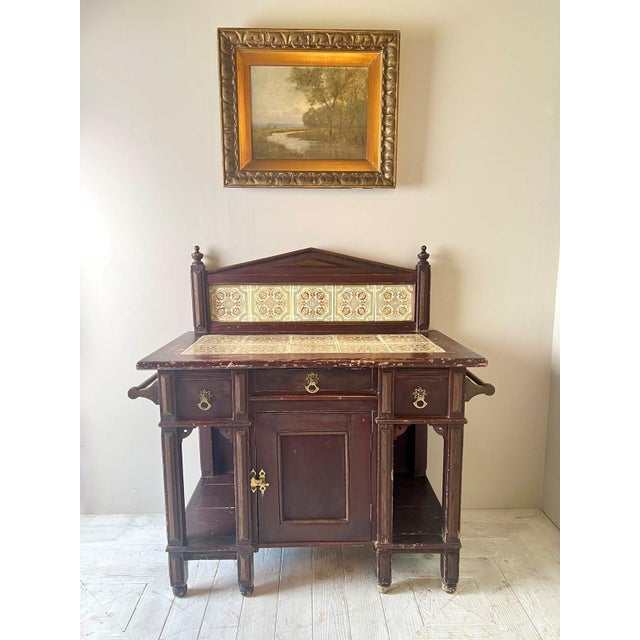 Victorian Painted and Tiled Aesthetic Movement Washstand, 1890s For Sale - Image 3 of 11