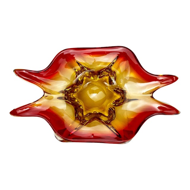 Vintage Italian Murano Sommerso Red & Orange Art Glass Bowl For Sale