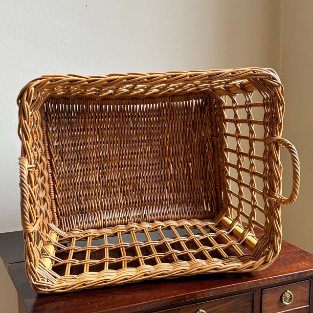 Wood Vintage European Style Open-Weave Rolling Wicker Basket For Sale - Image 7 of 12