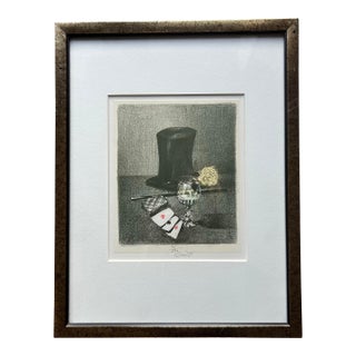 Original Lithograph of Magicians Hat, Wand, Cards & White Rose For Sale