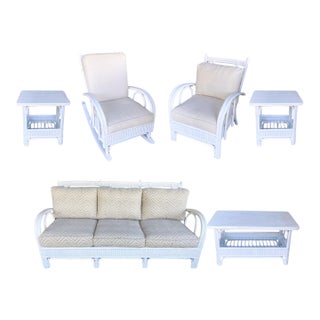 Vintage Mid Century Attributed to Ficks Reed Bent Rattan Six Piece Patio Set Art Deco Style Palm Beach Regency Coastal Chic For Sale