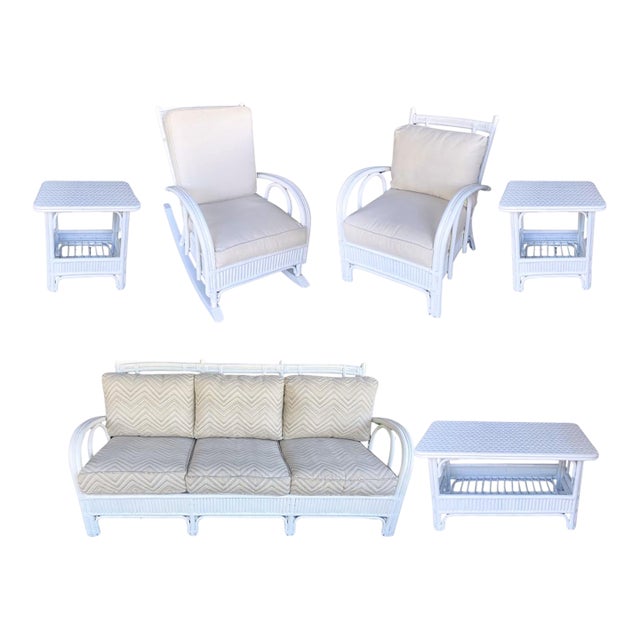 Vintage Mid Century Attributed to Ficks Reed Bent Rattan Six Piece Patio Set Art Deco Style Palm Beach Regency Coastal Chic For Sale
