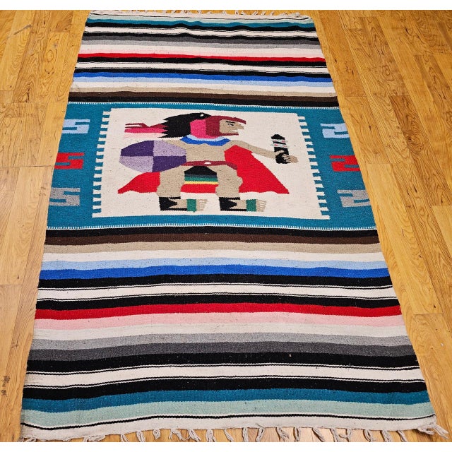 Vintage Southwestern Pictorial Kilim Rug, Handwoven Aztec Design, Blue & Ivory, 4x8 For Sale In Chicago - Image 6 of 8