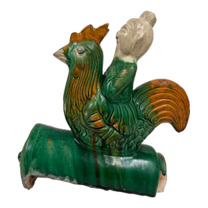 Antique Chinese Sancai Glazed Ceramic Taoist Immortal on Rooster Roof Tile