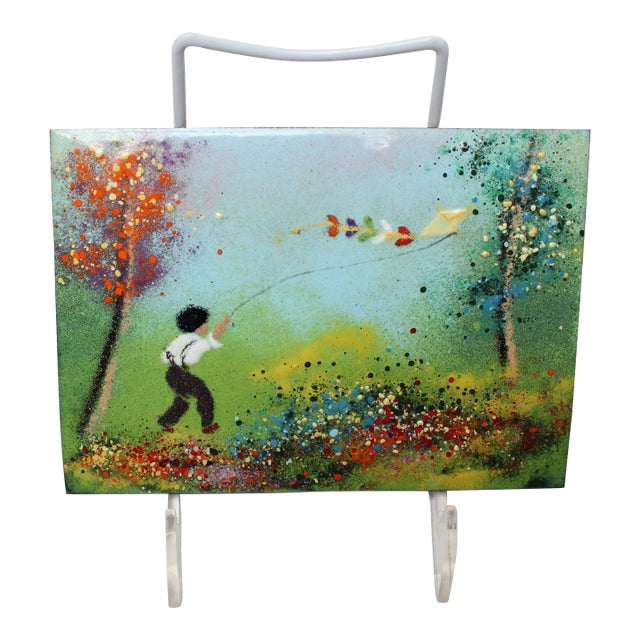 Enamel on Copper "Boy With Kite" Painting For Sale