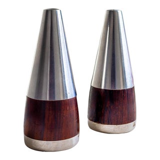 1960s Stainless Steel on Rosewood Modernist Salt and Pepper Shakers, Made in Denmark- 2 Pieces For Sale