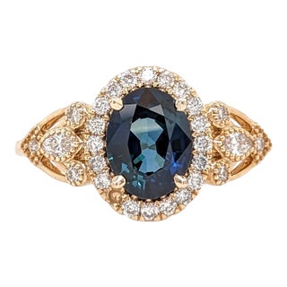 Blue Sapphire Engagement Ring With Natural Diamond Halo: Solid 14k Gold, Size 6.75 For Sale