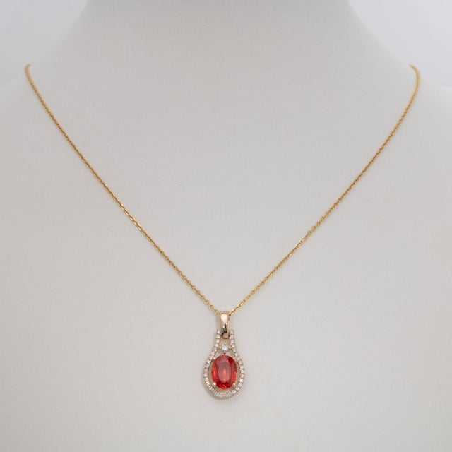 Natural Padparadscha Sapphire Pendant With Earth-Mined Diamonds: Solid 14k Gold For Sale - Image 4 of 7