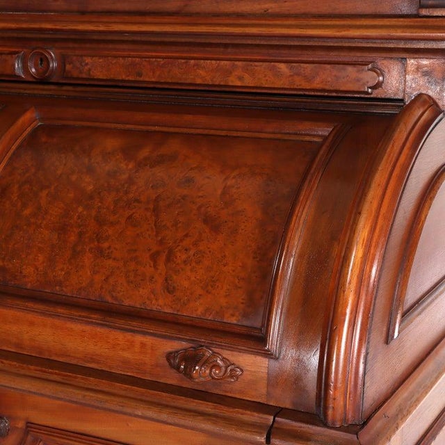 Renaissance Revival Carved Walnut & Burl Barrel Roll Top Secretary C1890 For Sale - Image 4 of 18