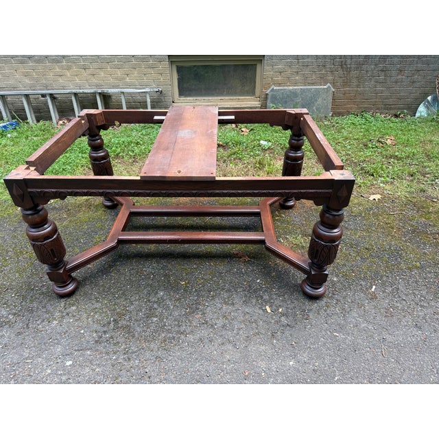 Early 20th Century Antique Jacobean Style Carved Oak Draw Leaf Dining Table For Sale - Image 16 of 16