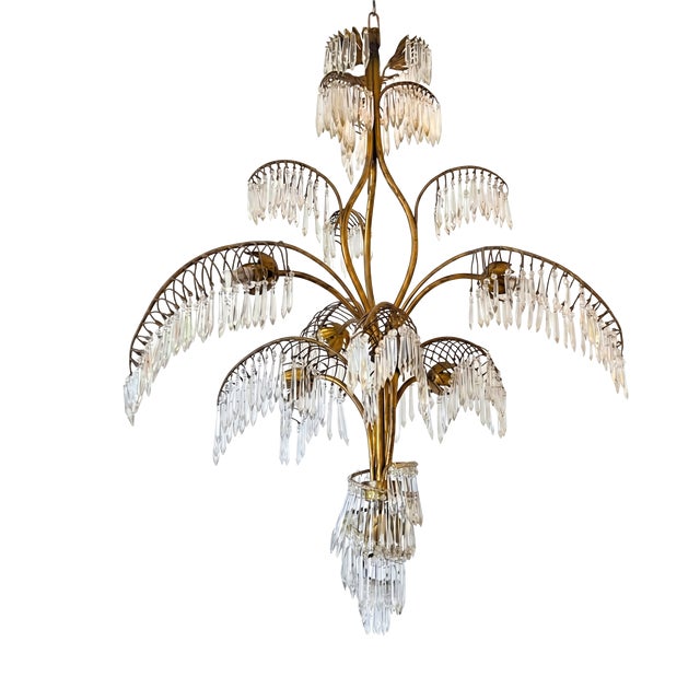 French Brass and Glass 7-Light Palm Chandelier, 1950s For Sale