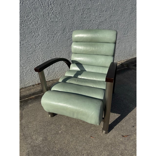 Attributed to Jay Spectre Eclipse Lounge Chair for Century – Postmodern Chrome Armchair – Mint Green Leather Sculptural Chair – 1980s Designer Seating For Sale - Image 12 of 12