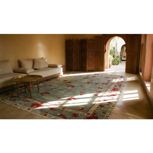Awesome Green Ground Color With Striking Red Flowers in a Floral Design Antique Chinese Art Deco Rug For Sale - Image 15 of 15