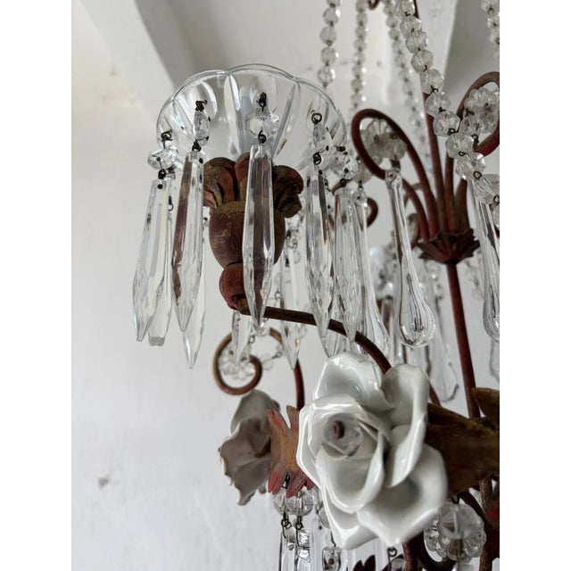 1930s Italian Tiered Tole White Roses Murano Drops Chandelier For Sale - Image 12 of 13