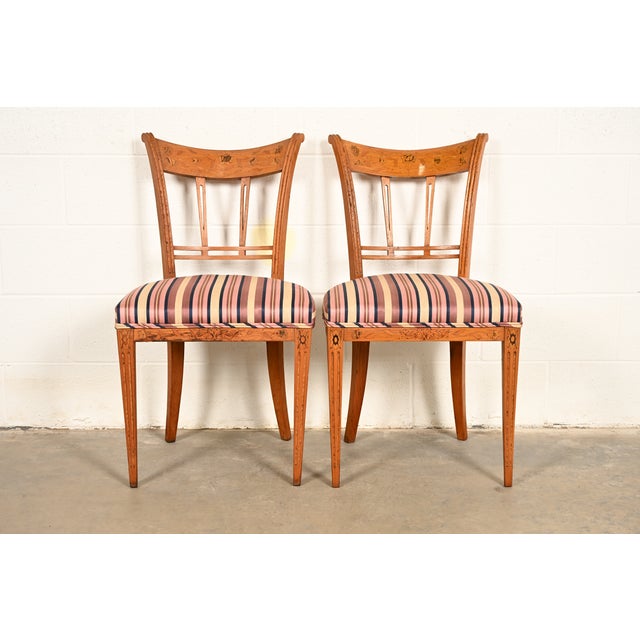 Antique Italian Regency Fruitwood Inlaid Marquetry Side Chairs or Dining Chairs, Pair For Sale - Image 17 of 17