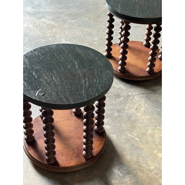 1970s 1970s American Modernist Designer Spool and Slate Side Tables by Henredon Custom Folio Three - a Pair For Sale - Image 5 of 12