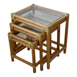 McGuire Style Boho Chic Blonde Bamboo Rattan Glass Nesting Tables - Set of 3
