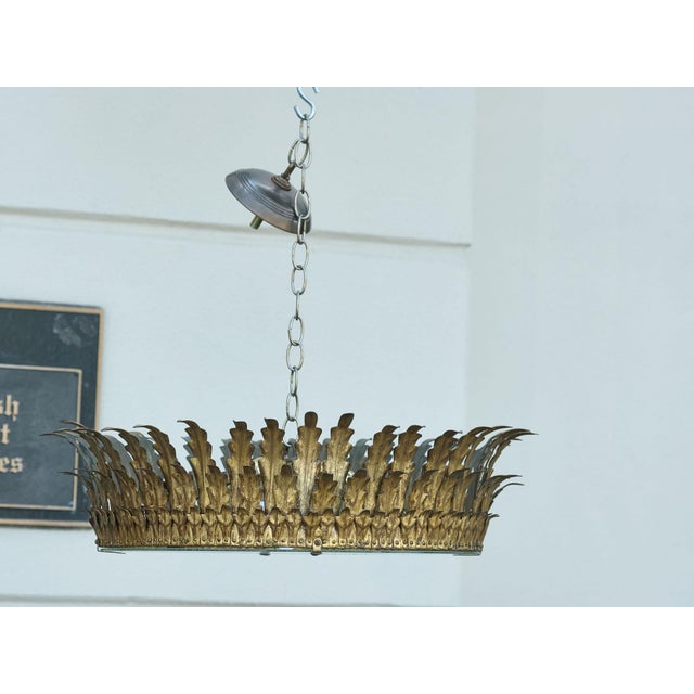 Mid 20th Century Mid 20th Century Spanish Midcentury Gilt Metal Semi-Flush Crown Chandelier with Tiered Foliage For Sale - Image 5 of 12