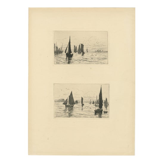 George S. Ferrier, Fshing Boats, 1879, Etchings, Set of 2 For Sale