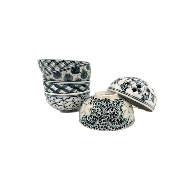 Contemporary Set of 6 Bat Trang Vietnamese Ceramic Bowls Hand Painted in Blue Floral & Geometric Patterns For Sale - Image 3 of 18